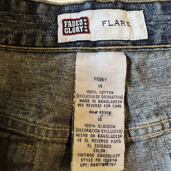 Vintage Faded Glory FLARE Blue jeans floral embroidered tan accent belt Missy 14 - Picture 9 of 14